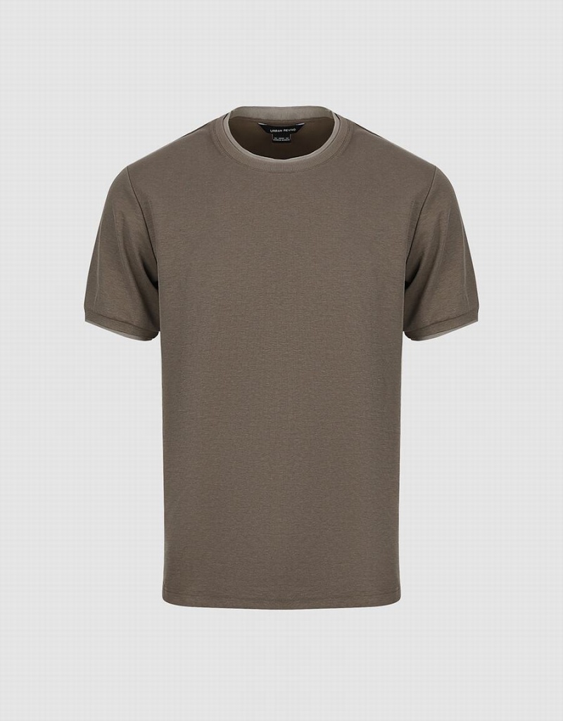 Men's Urban Revivo Crew Neck Straight T Shirts Khaki | FTG236SS