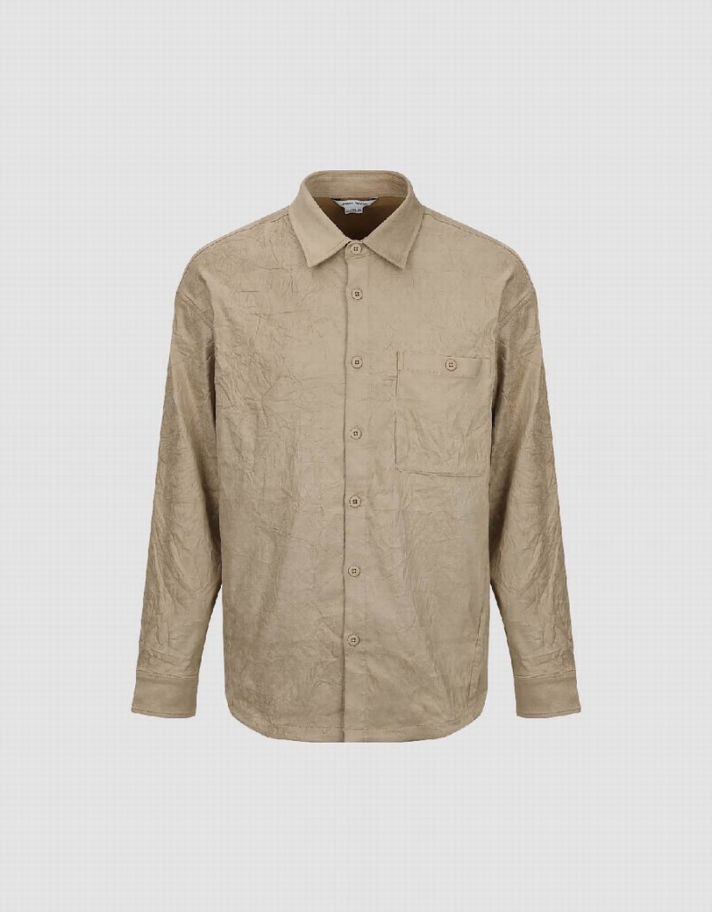 Men's Urban Revivo Crumpled Effect Loose Shirts Khaki | PHV5925CV