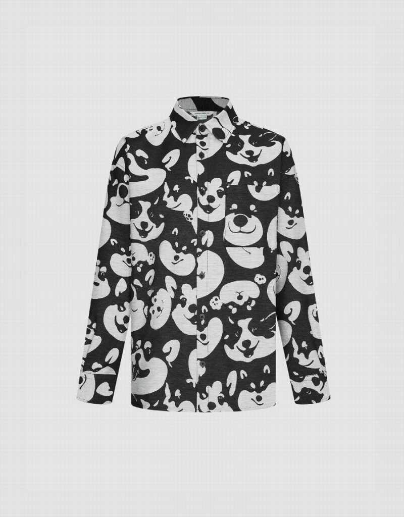 Men's Urban Revivo Dog Printed Oversized Shirts Black | PQF1947VV