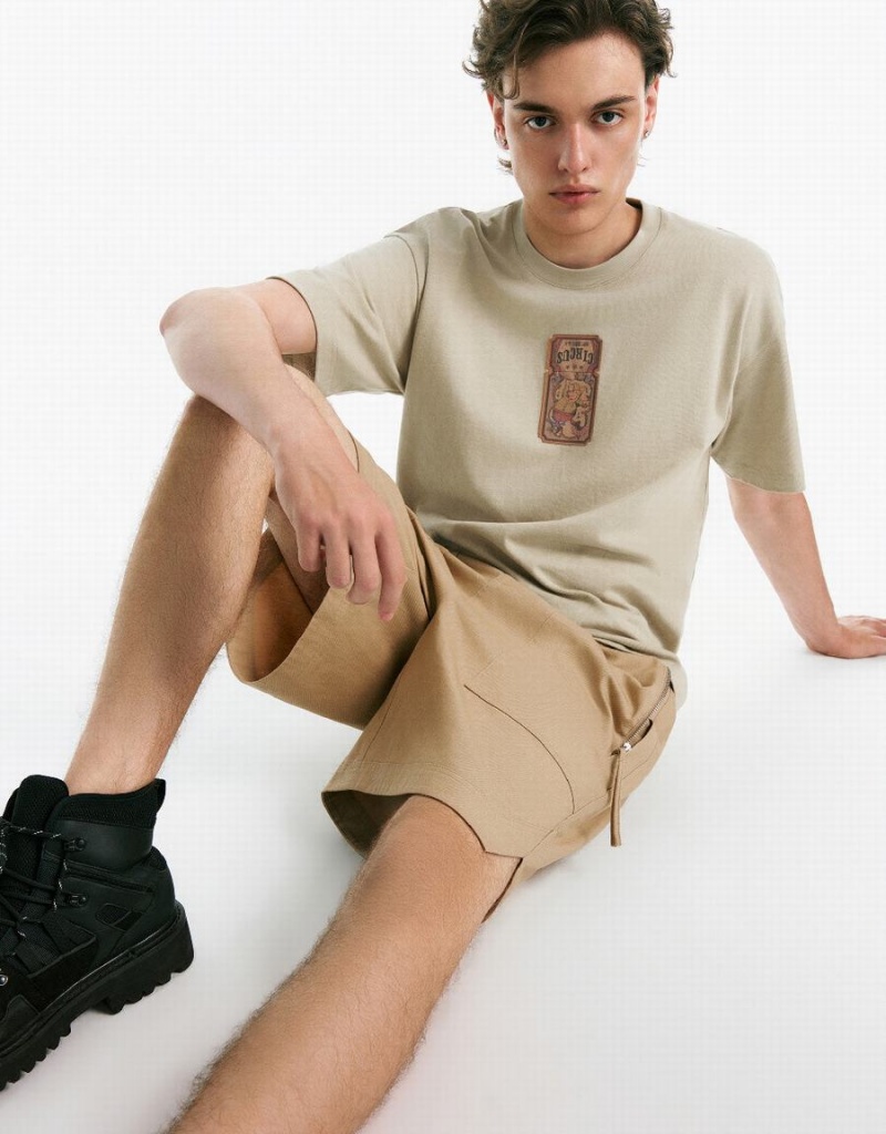 Men's Urban Revivo Drop Shoulder Sleeve Crew Neck T Shirts Khaki | OLP5390GB