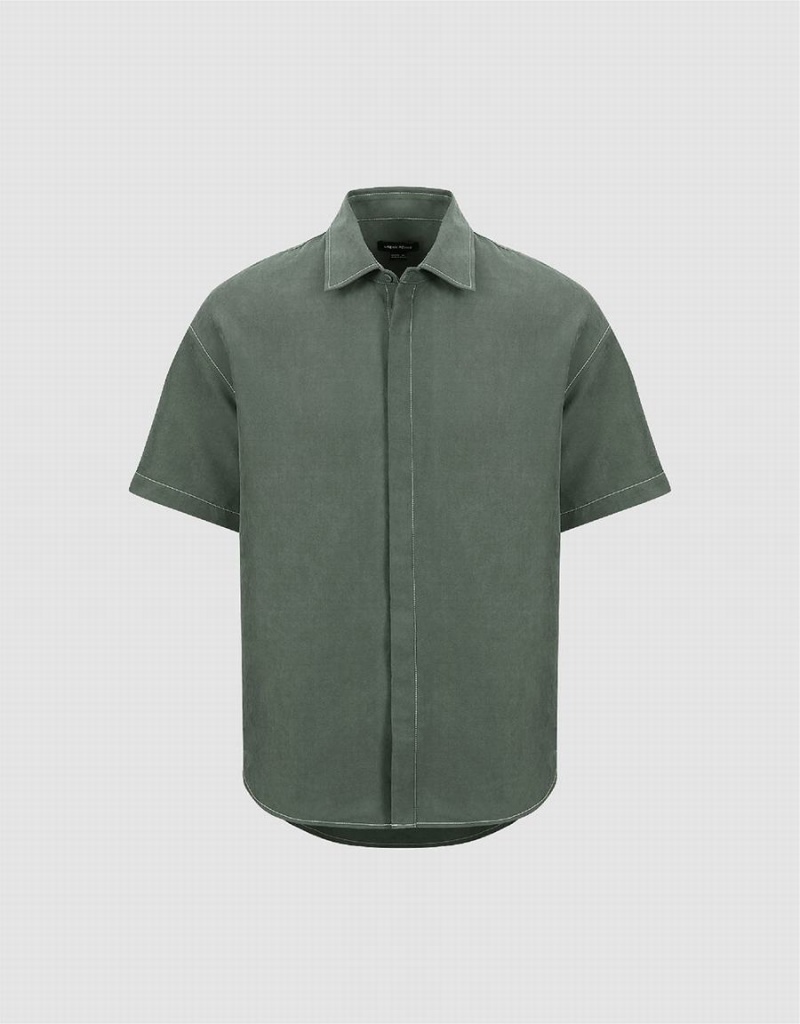 Men's Urban Revivo Drop Shoulder Sleeve Loose Shirts Green | YHO4523CQ