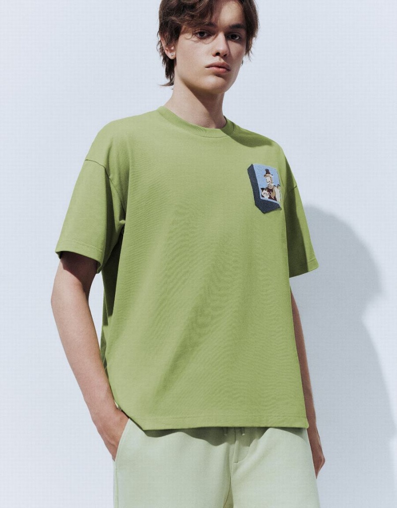 Men's Urban Revivo Drop Shoulder Sleeve T Shirts Green | ISK9413EJ