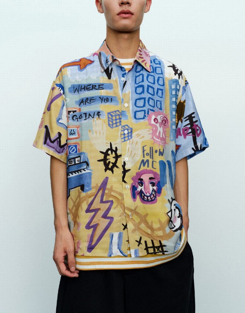 Men's Urban Revivo Graffiti Printed Loose Shirts Multicolor | DRP5033FH