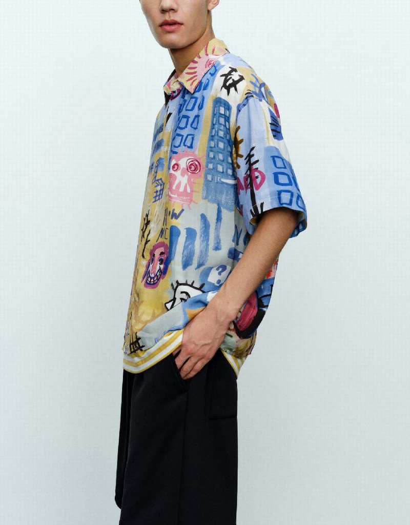 Men's Urban Revivo Graffiti Printed Loose Shirts Multicolor | DRP5033FH