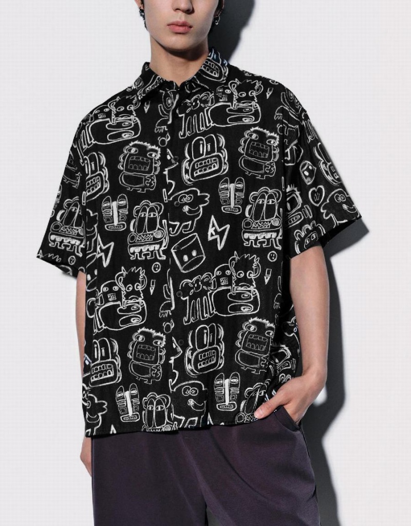 Men's Urban Revivo Graffiti Printed Oversized Shirts Black | XCS2780PA