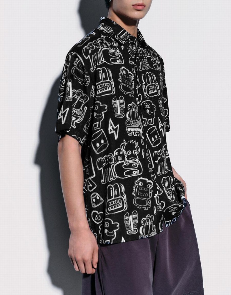 Men's Urban Revivo Graffiti Printed Oversized Shirts Black | XCS2780PA