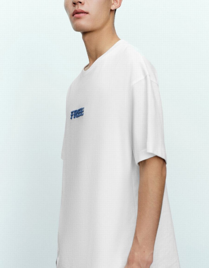 Men's Urban Revivo Letter Embossed Crew Neck T Shirts White | IKF2367NQ