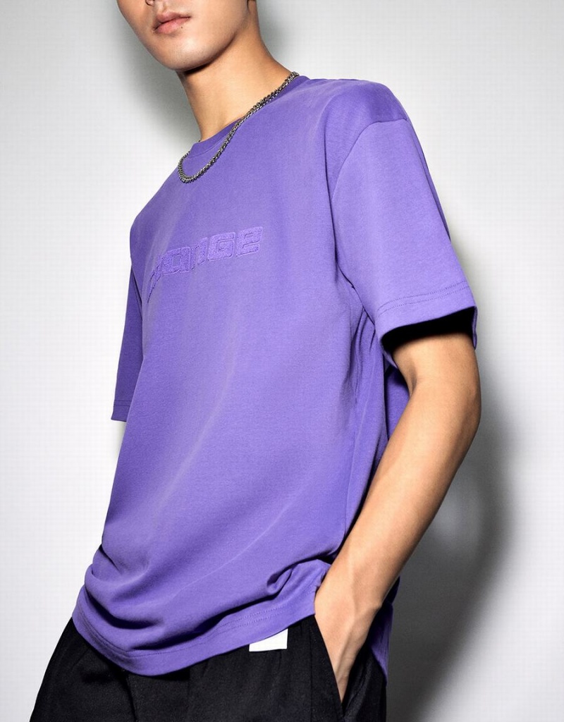 Men's Urban Revivo Letter Embossed Crew Neck T Shirts Purple | NZL8071CT