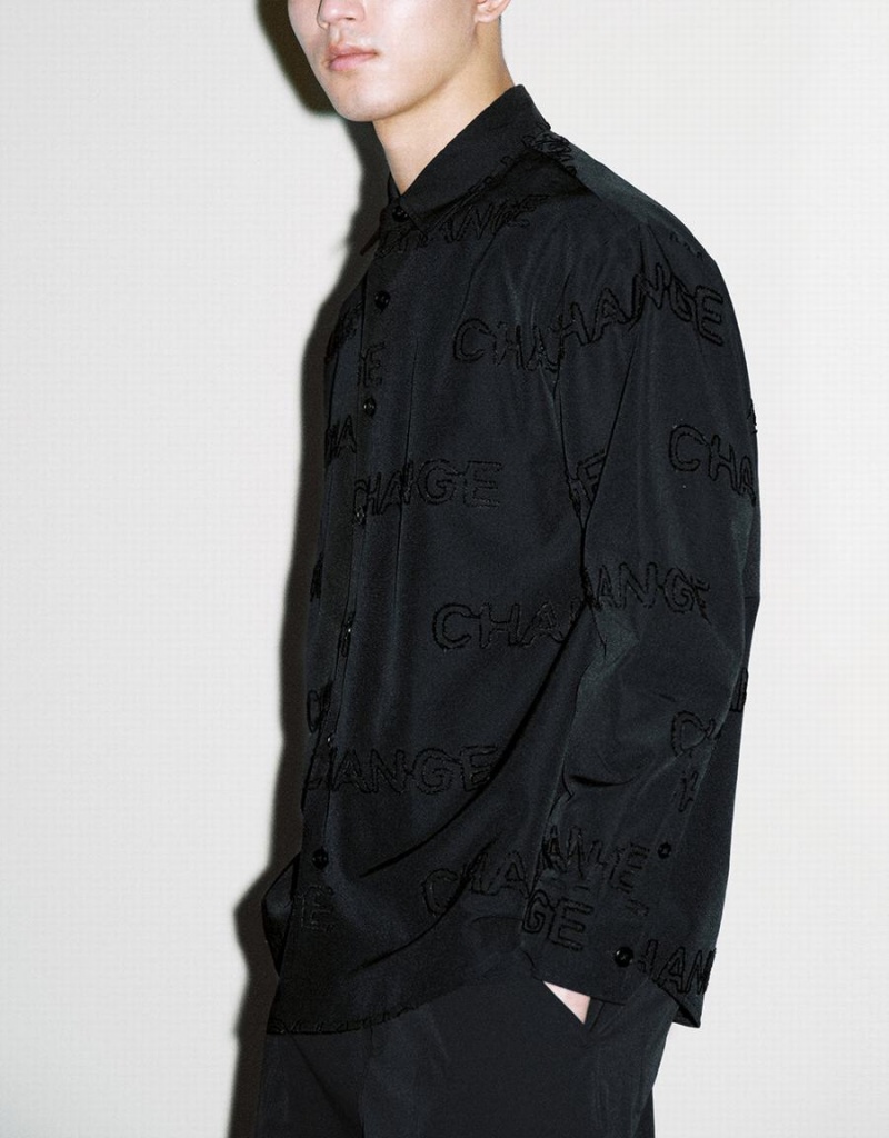 Men's Urban Revivo Letter Printed Button Up Oversized Shirts Black | ABD6135BH