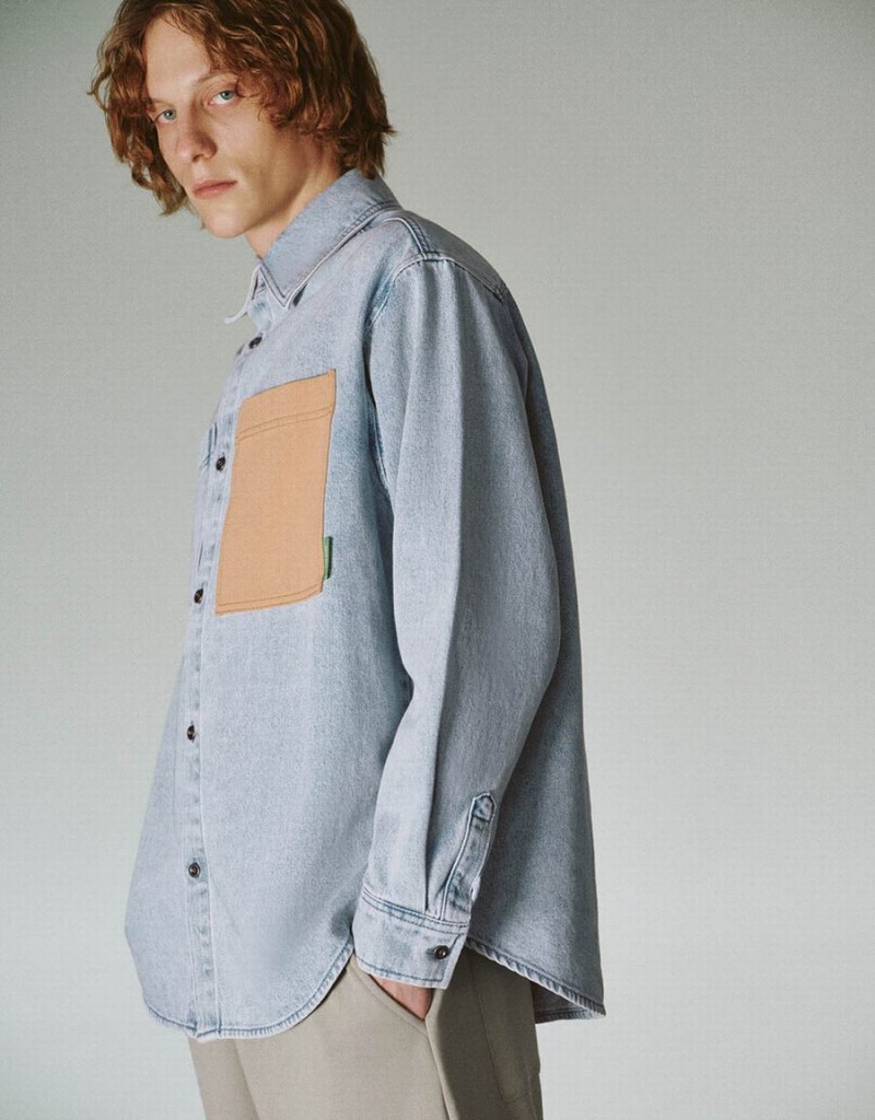 Men's Urban Revivo Loose Denim Shirts Blue | MSN615OC