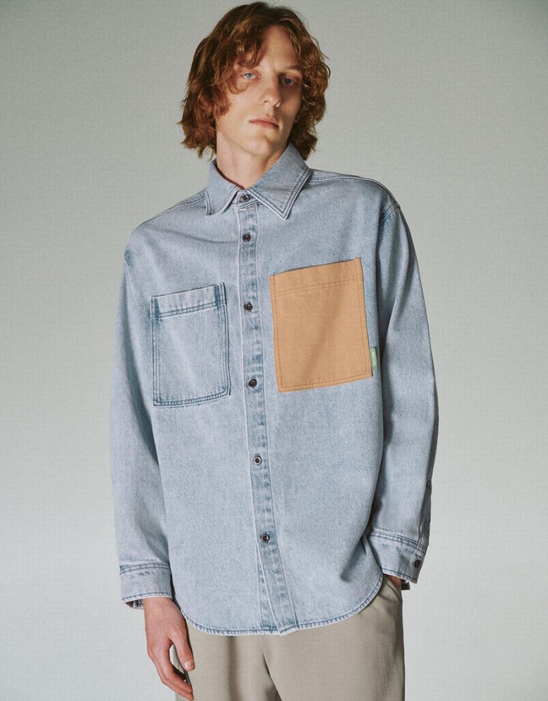 Men\'s Urban Revivo Loose Denim Shirts Blue | MSN615OC