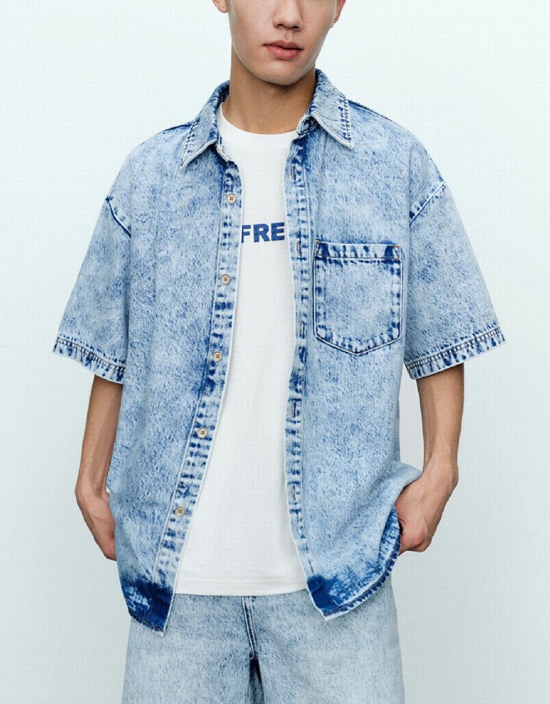 Men's Urban Revivo Loose Denim Shirts Blue | VWB4545YK