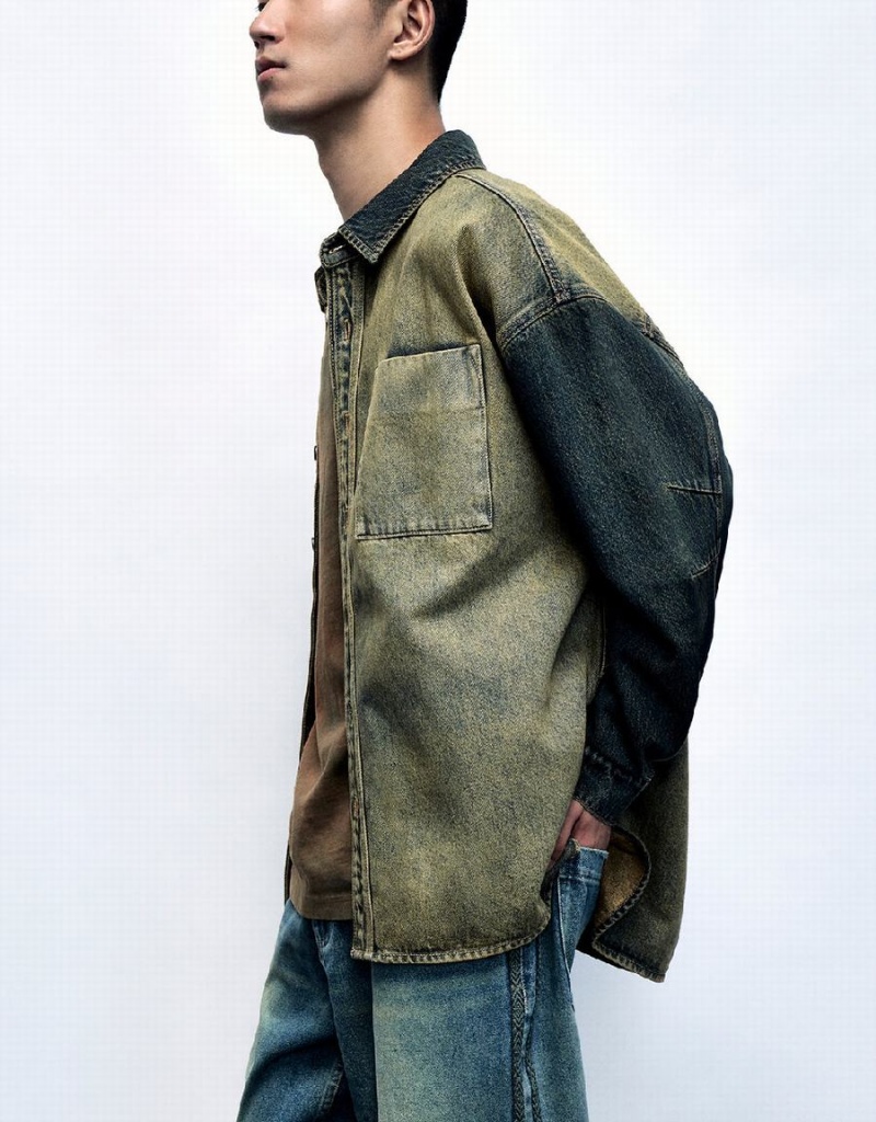 Men's Urban Revivo Oversized Denim Shirts Blue | WYJ1540XO