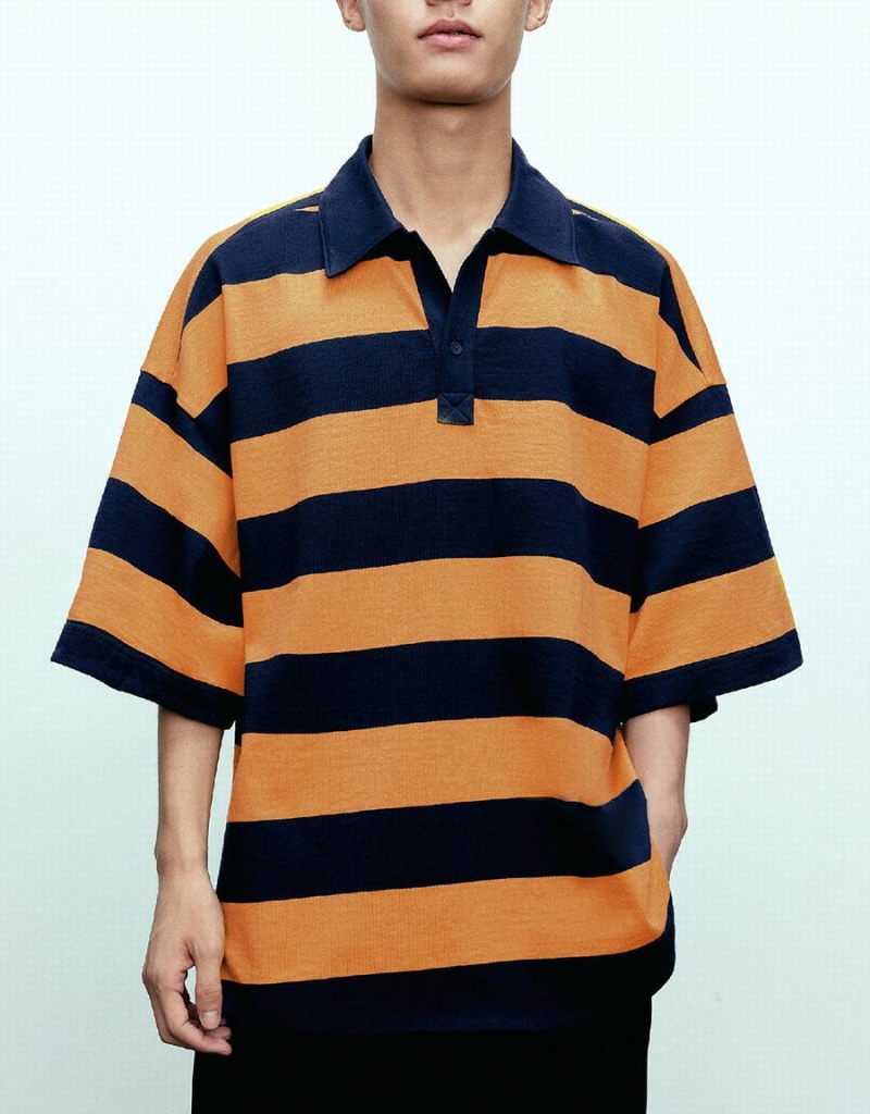 Men's Urban Revivo Oversized Striped Polo Shirts Orange | RIU896ZZ