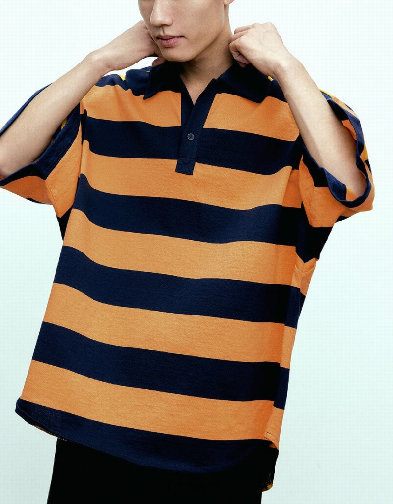 Men's Urban Revivo Oversized Striped Polo Shirts Orange | RIU896ZZ