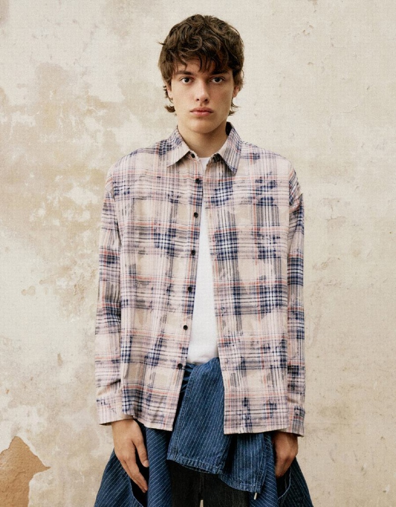 Men\'s Urban Revivo Plaid Oversized Shirts Khaki | AIZ3922IG