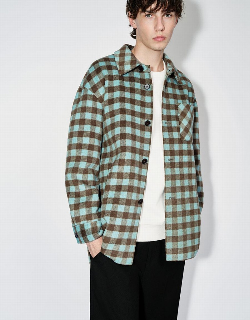 Men's Urban Revivo Plaid Straight Woolen Jackets Green | ACX9551XX