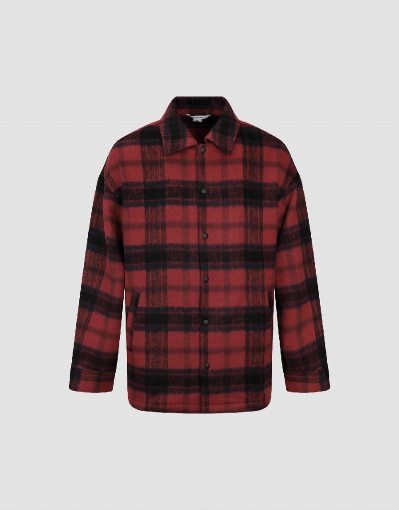 Men's Urban Revivo Plaid Woolen Jackets Red | HTO5440XY