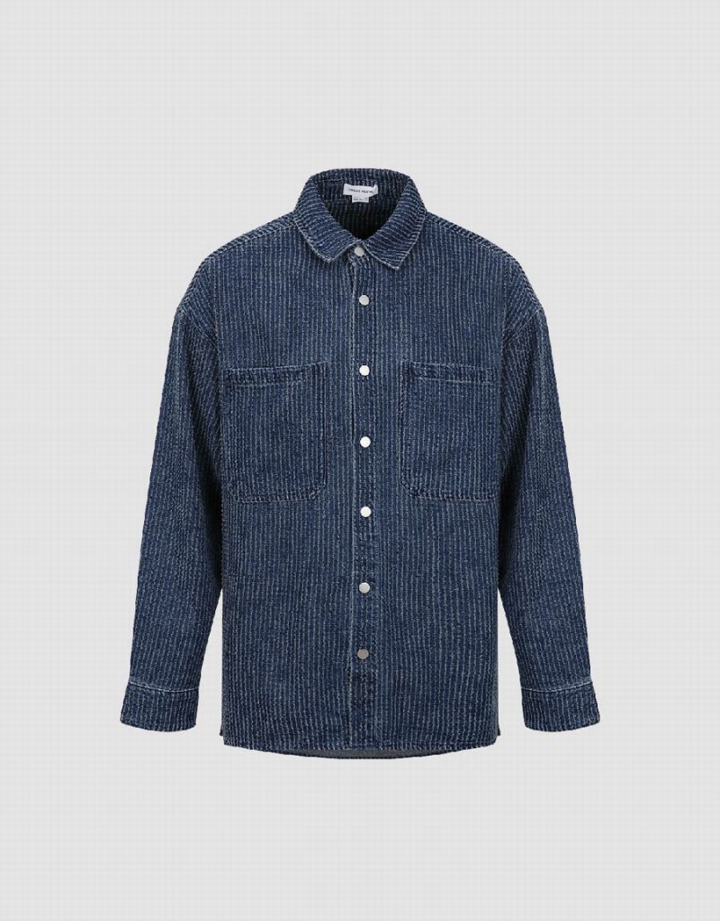 Men's Urban Revivo Pressed Button Denim Shirts Blue | VBS50100GS