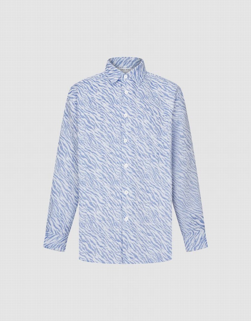 Men's Urban Revivo Printed Button Up Oversized Jackets Blue | AZU3090RW