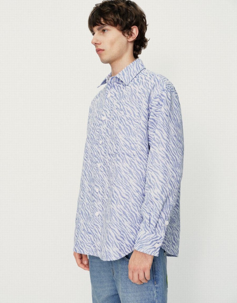 Men's Urban Revivo Printed Button Up Oversized Jackets Blue | AZU3090RW