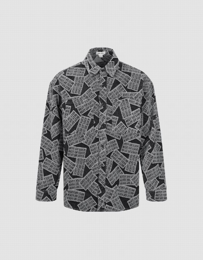 Men's Urban Revivo Printed Loose Denim Shirts Black | GYI565OL