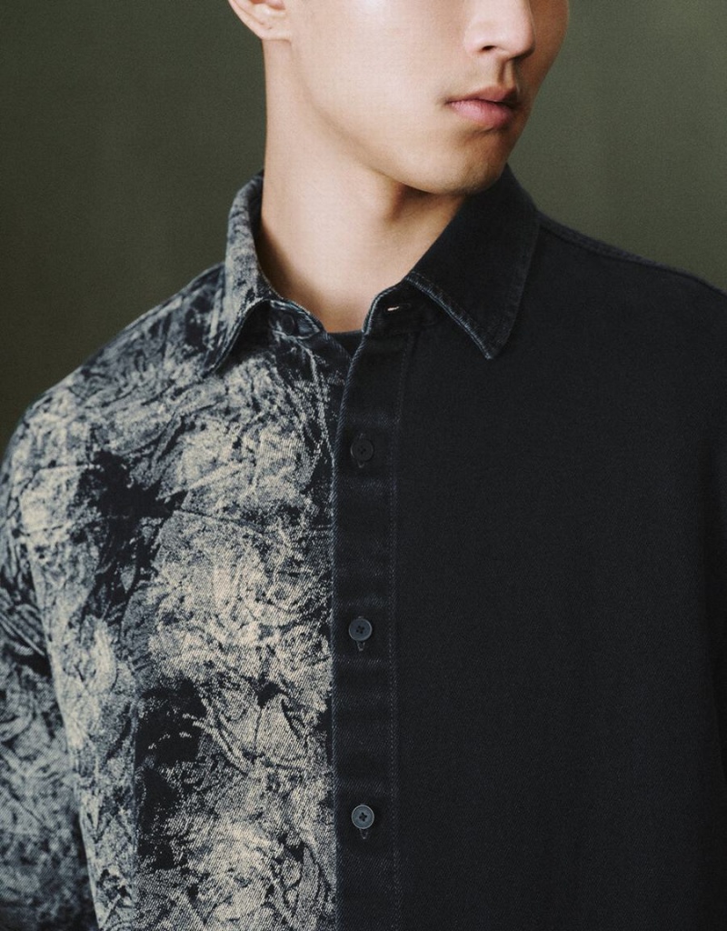 Men's Urban Revivo Printed Loose Denim Shirts Black | PLA733TD