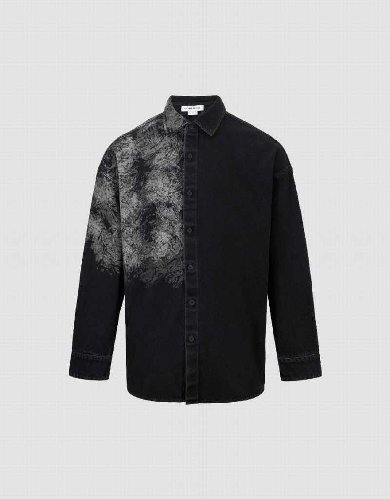 Men\'s Urban Revivo Printed Loose Denim Shirts Black | PLA733TD