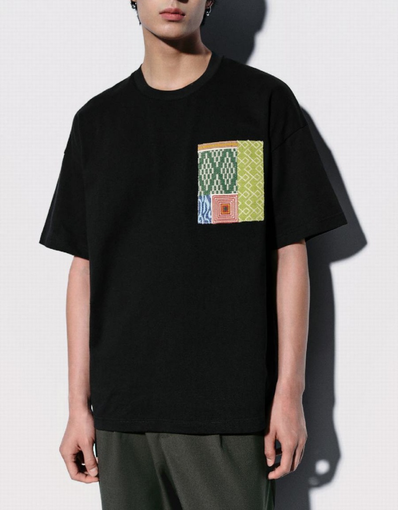 Men's Urban Revivo Printed Straight T Shirts Black | LDX2682OR