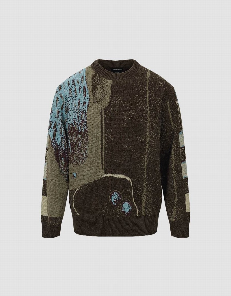 Men's Urban Revivo Straight Printed Sweaters Green Brown | YIC8639EP