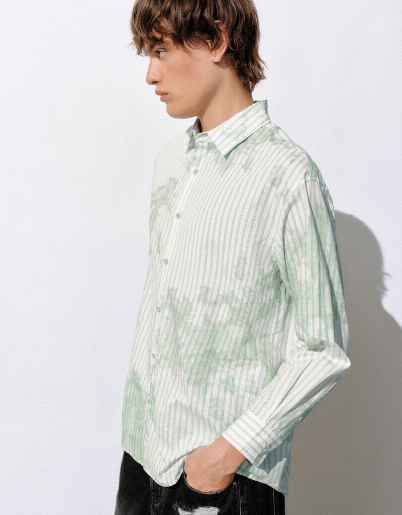 Men's Urban Revivo Striped Button Up Loose Shirts White Green | XDL6666II