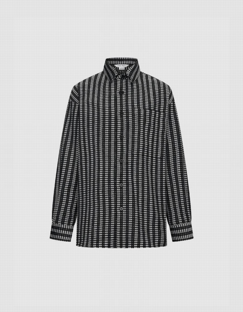 Men's Urban Revivo Striped Button Up Oversized Shirts Black | ORL4365DD