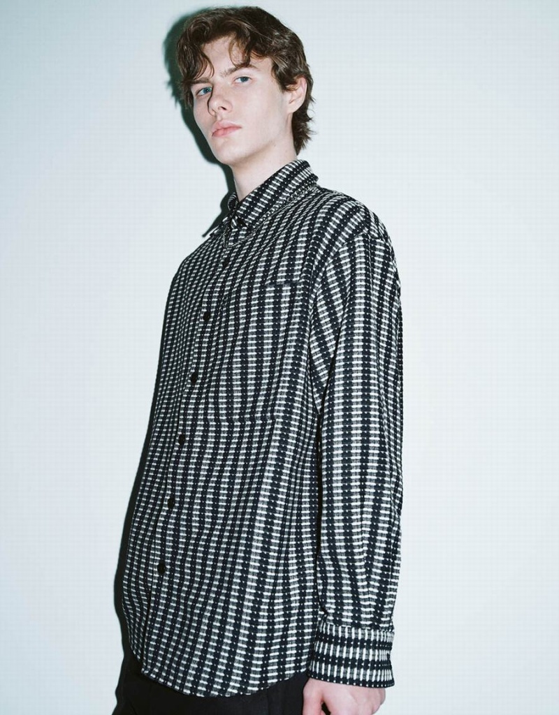 Men's Urban Revivo Striped Button Up Oversized Shirts Black | ORL4365DD