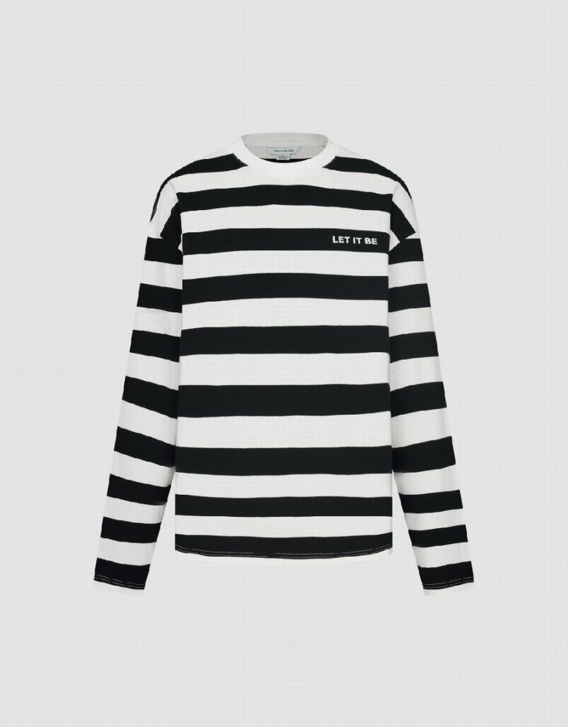 Men's Urban Revivo Striped Crew Neck T Shirts Black | WGQ8046CM