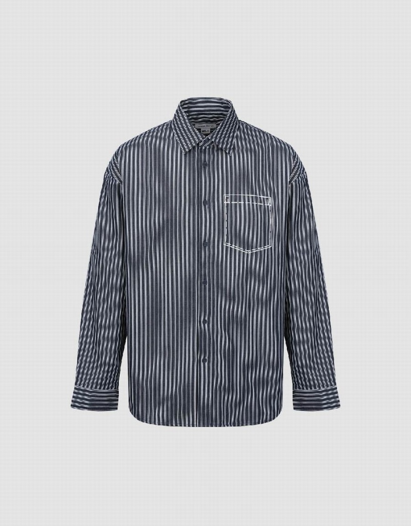 Men's Urban Revivo Striped Loose Shirts Blue | GMH529RJ