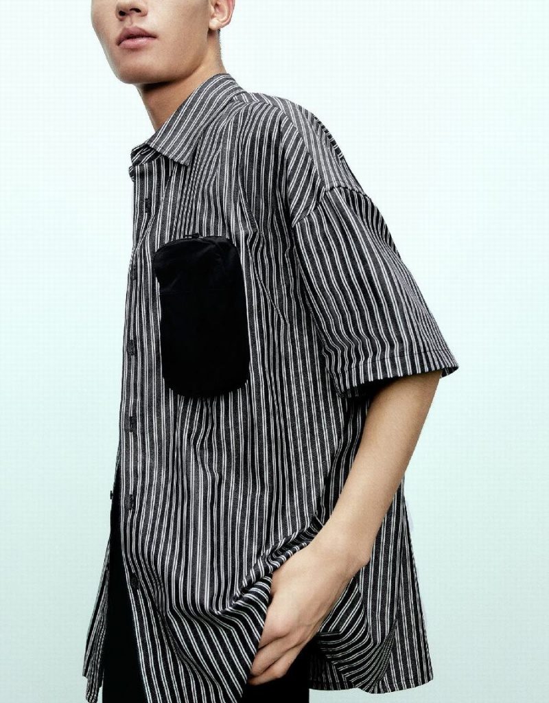 Men's Urban Revivo Striped Loose Shirts Grey | PCW271TJ