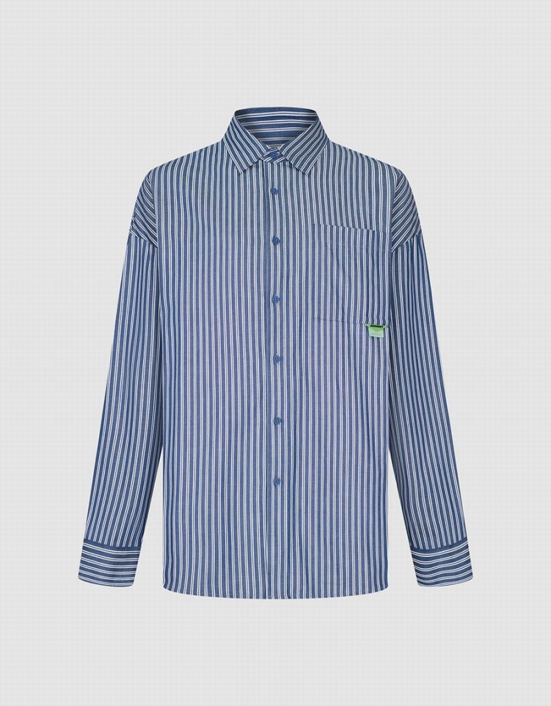 Men's Urban Revivo Striped Oversized Shirts Blue | AND3846QX