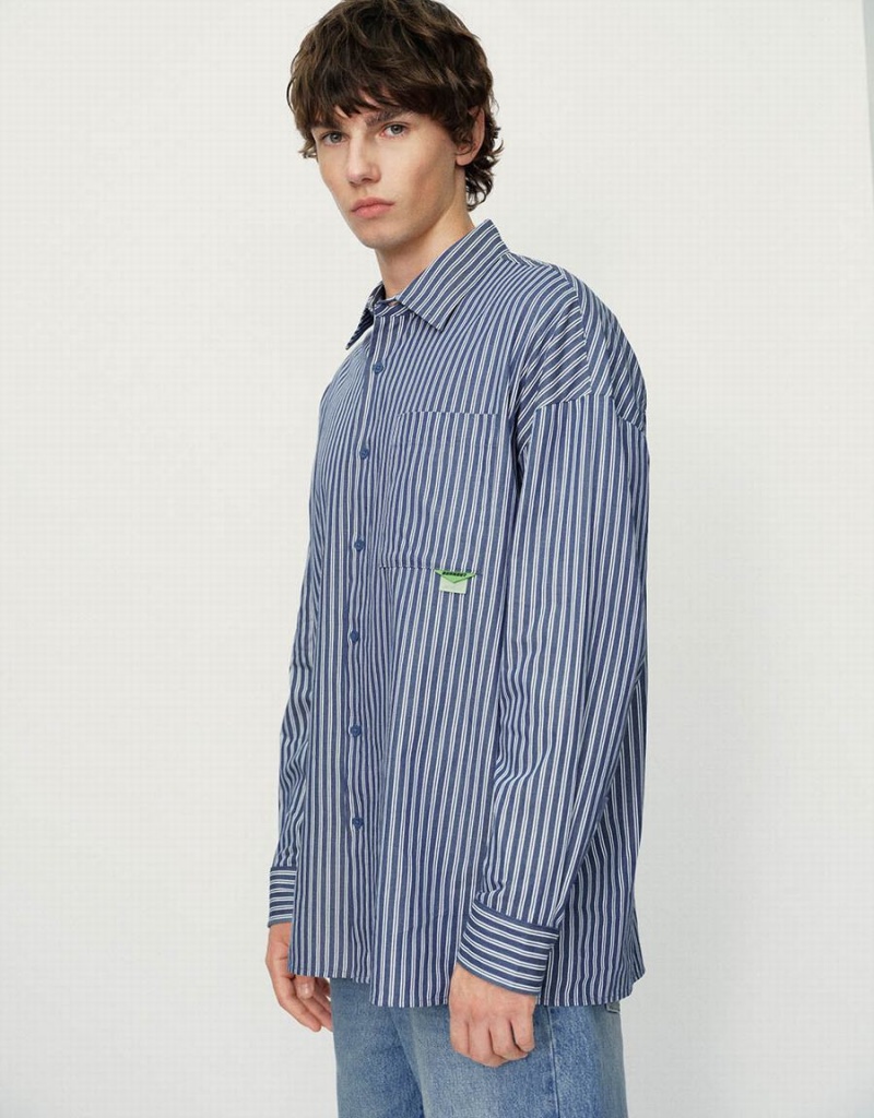 Men's Urban Revivo Striped Oversized Shirts Blue | AND3846QX