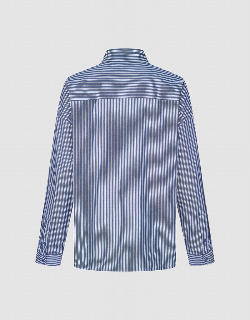 Men's Urban Revivo Striped Oversized Shirts Blue | AND3846QX