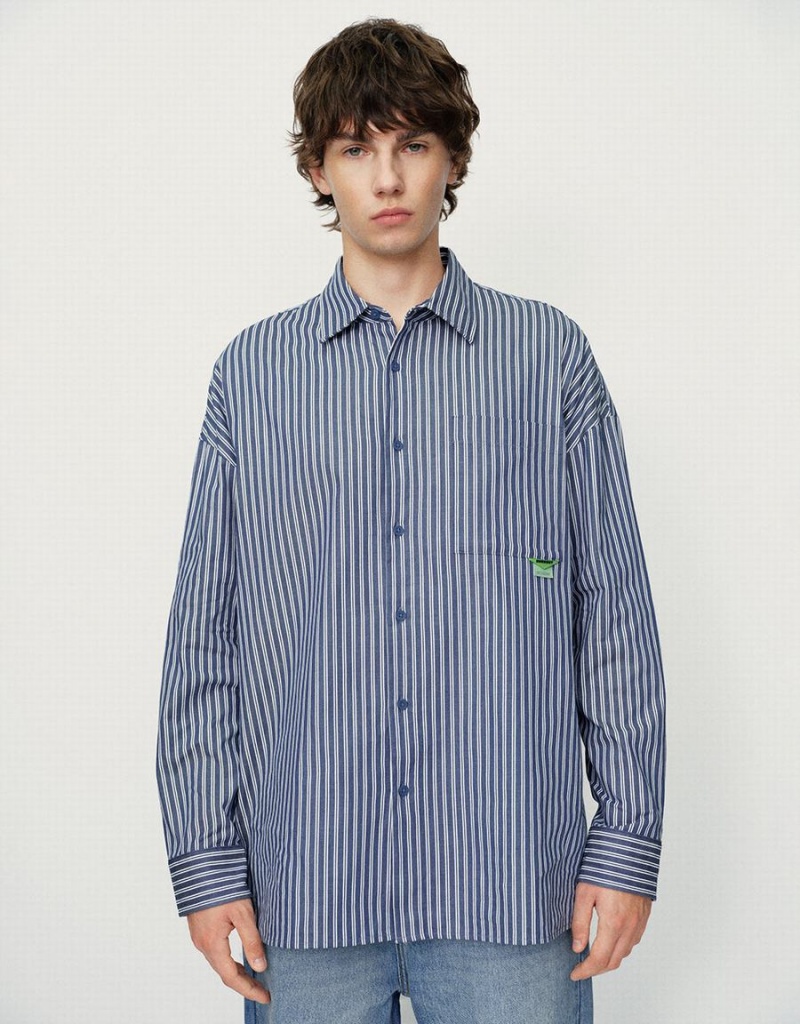 Men\'s Urban Revivo Striped Oversized Shirts Blue | AND3846QX