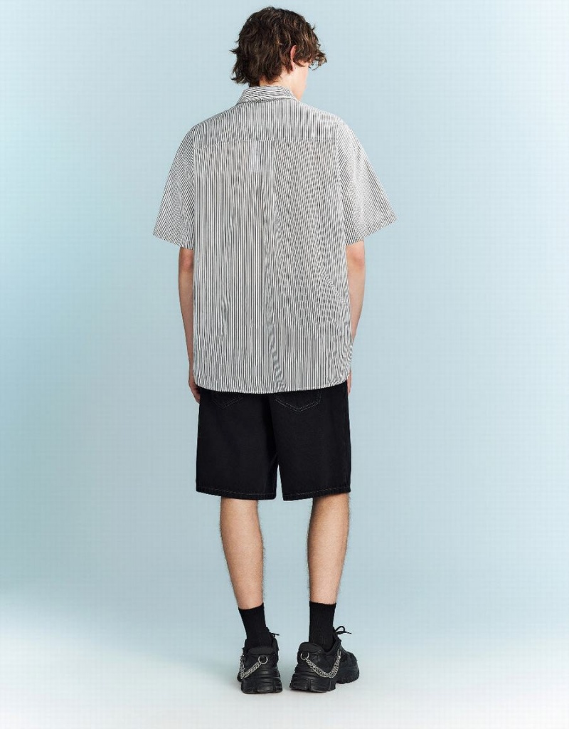 Men's Urban Revivo Striped Oversized Shirts Black | VUX3036WP