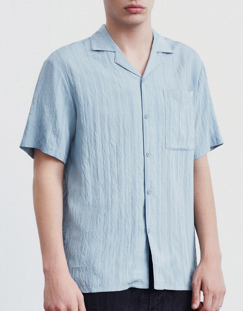 Men's Urban Revivo Striped Short Sleeve Shirts Blue | EBC1624EC