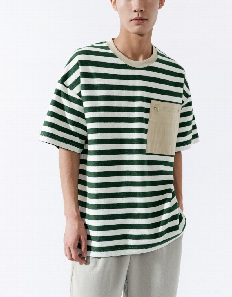 Men's Urban Revivo Striped Straight T Shirts Green | CBT6222MN