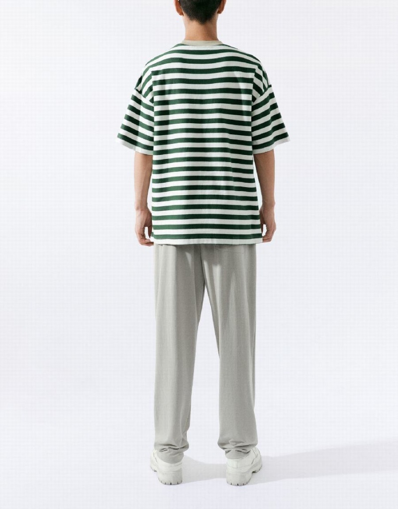 Men's Urban Revivo Striped Straight T Shirts Green | CBT6222MN