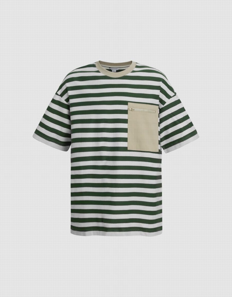 Men\'s Urban Revivo Striped Straight T Shirts Green | CBT6222MN