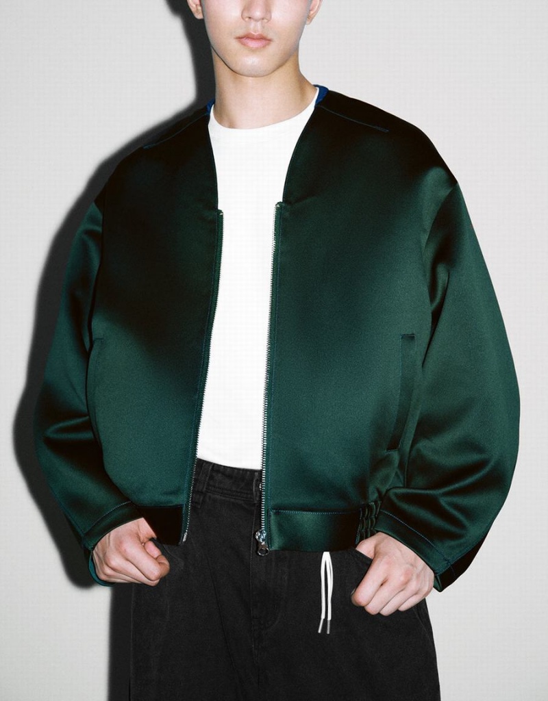 Men's Urban Revivo Zipper Front Oversized Jackets Green | WLW4860TD