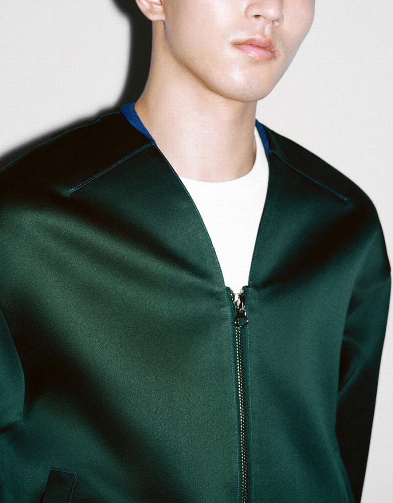 Men's Urban Revivo Zipper Front Oversized Jackets Green | WLW4860TD