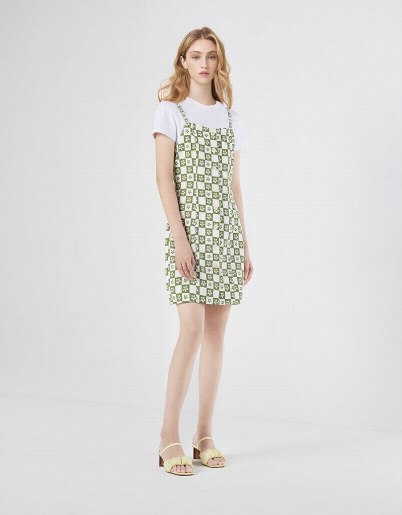 Women's Urban Revivo 2 In 1 Checkered Floral Denim Dress Green | XPP7557GQ