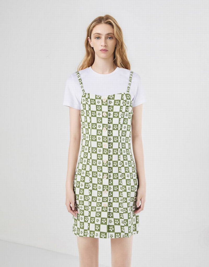 Women's Urban Revivo 2 In 1 Checkered Floral Denim Dress Green | XPP7557GQ