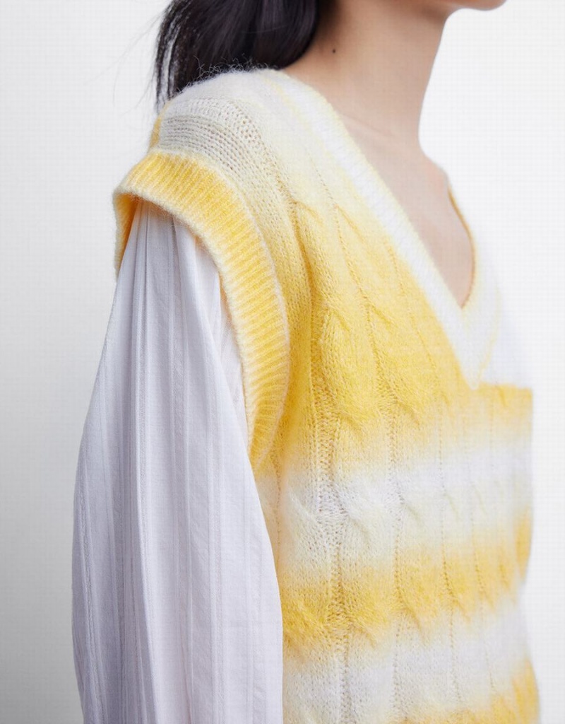 Women's Urban Revivo 2 In 1 Striped Cable Knit Top Cardigan White Yellow | VXB349ZC